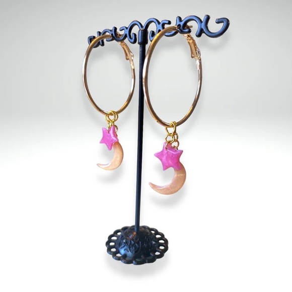 Pink and Gold Handmade Celestial Earrings - Hypoallergenic Moon and Star Hoops - Picture 2 of 4